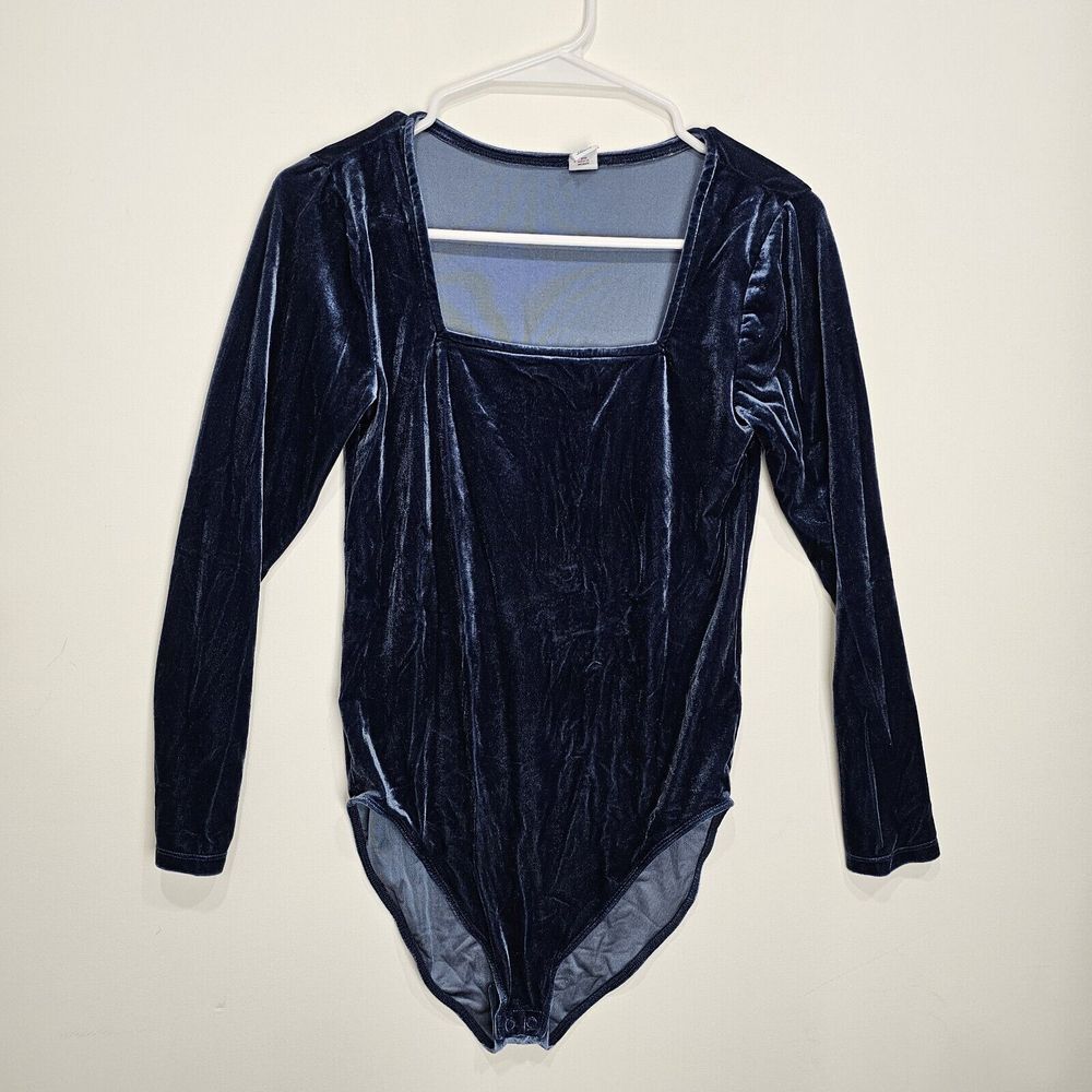 Old Navy Women's Bodysuit Square Neck Long Sleeve Blue Velour Size‎ Medium